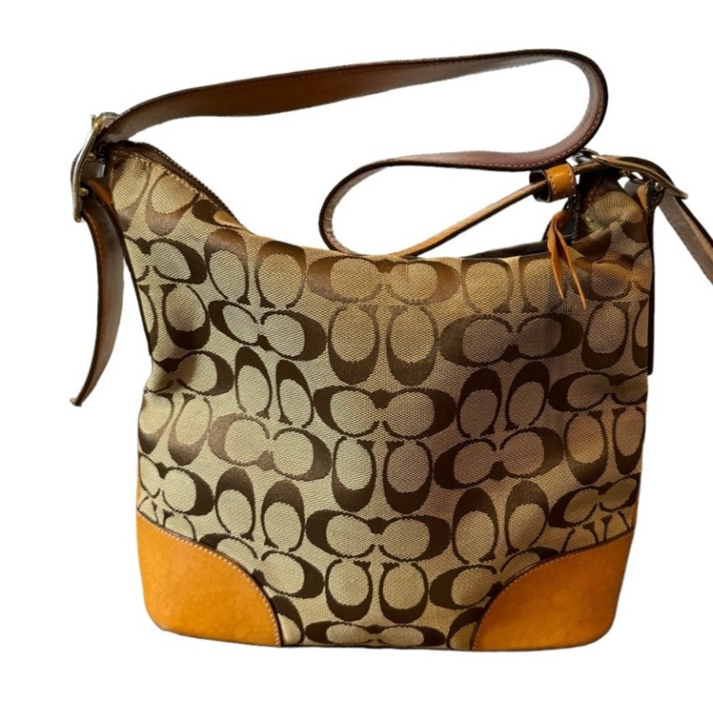 Coach L2K-6347 Hobo Signature Tote Leather Trim Brown Logo Canvas Bag Women